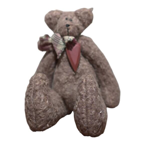 VTG Teddy Bear Wooden Red Heart & Plaid Scarf Handmade Collectible 1950-80 EUC - Picture 5 of 14